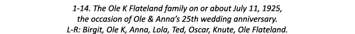 1-14. The Ole K Flateland family on or about July 11, 1925, the occasion of Ole & Anna’s 25th wedding anniversary. L-...