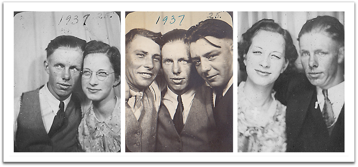 Photo booth pictures of Oscar with Helen Reitter and a couple of buddies at three different times in 1937.