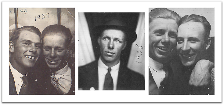 Photo booth pictures of Oscar with an unknown buddy on the left and with Norris Brekke on the right at three different times in 1938.