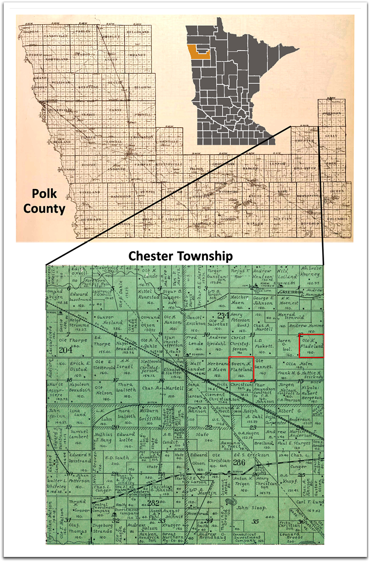 Ole K & Svein Flateland's 160 acre farms lay in eastern Chester township, Polk County, Minnesota.