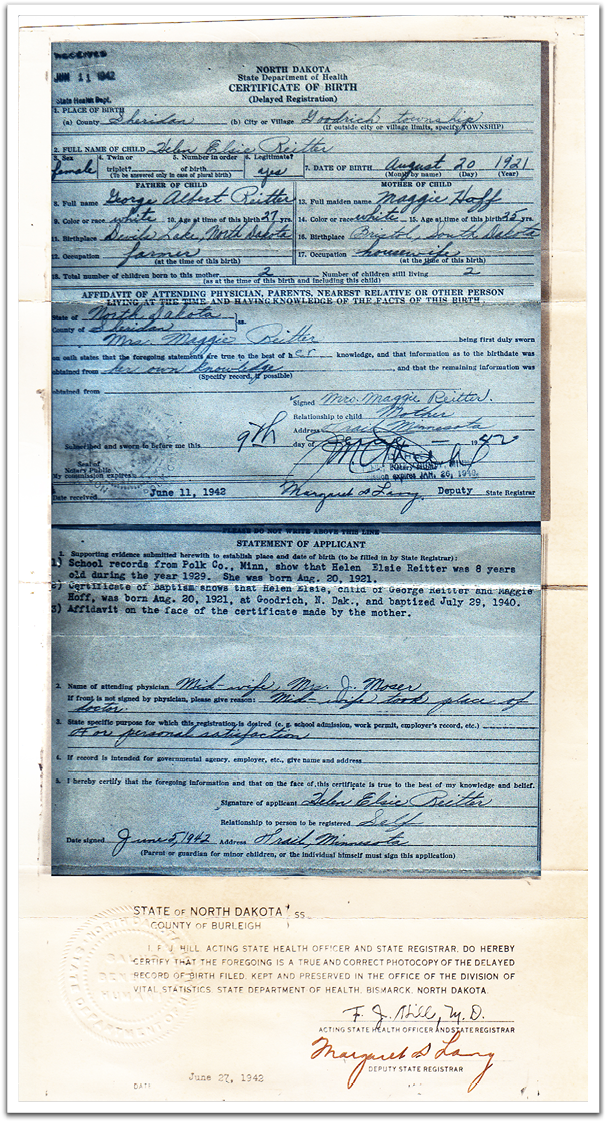 Helen Reitter's birth certificate, issued June 11, 1942. (Click to see full-size.)