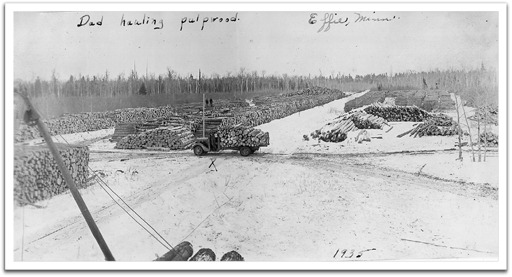 George Reitter hauling pulpwood with a new Chevy V-8 truck near Effie, Minnesota, in the winter of 1935-‘36.