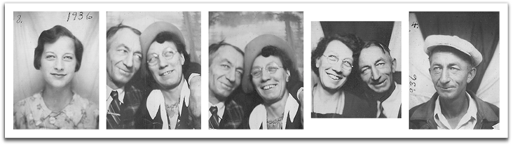 The Reitters having fun in a photobooth in 1936.  Helen on the left, George & Maggie in the center three, and George on the right.