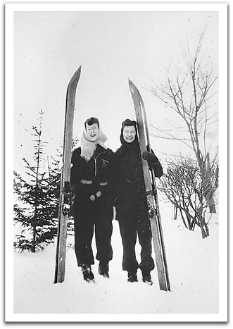 Helen (L) and Leona (R) Reitter  with the oversized skis of the day.