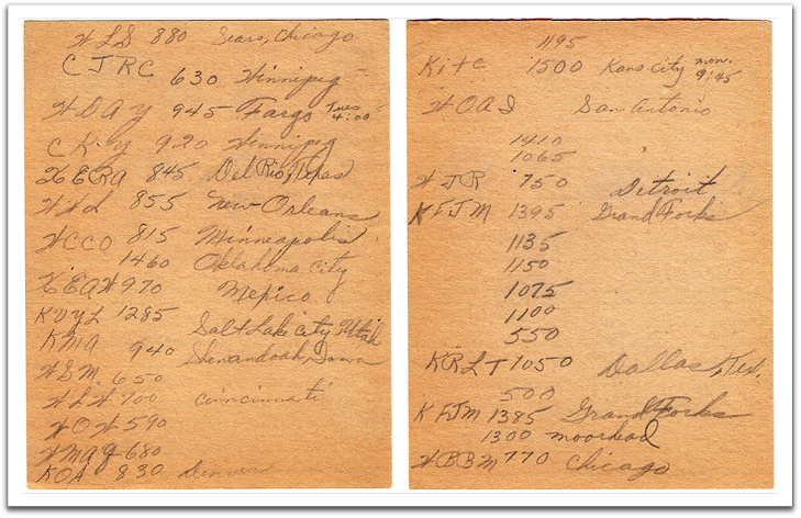 List of radio stations compiled by Helen on the back of telephone office forms, about 1937.