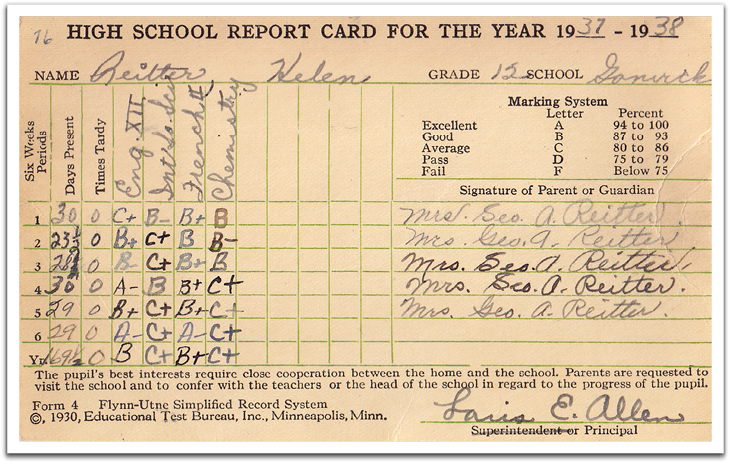 Helen Reitter's report card from her senior year at Gonvick High.  (Click for full-size view.)