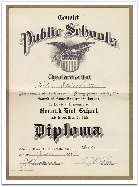 Helen Reitter's high school diploma,  June, 1938. (Click for full-size view.)