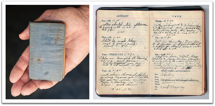 Helen's 1938 diary, measuring only 4-1/8 inches high, with sample pages.