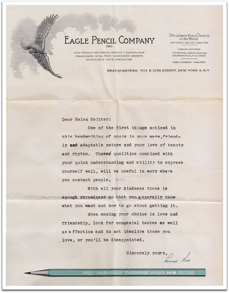 Reply to submission of handwriting sample for analysis, about 1938.