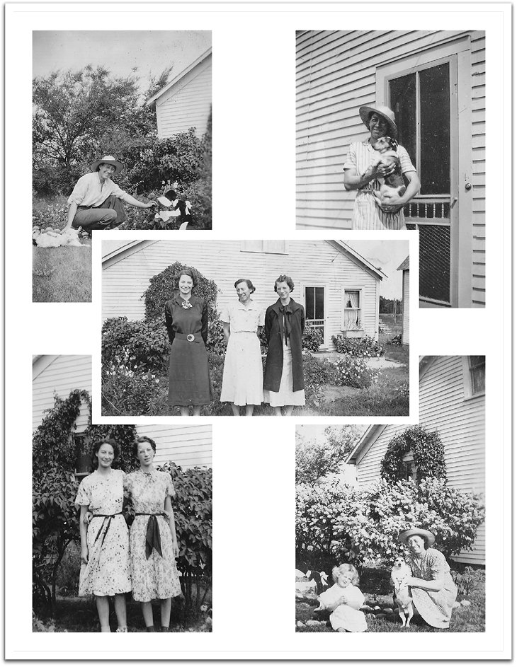 Maggie and dog Dewey, Leona, and Helen Reitter, around 1938, except middle photo, about 1936.  Maggie enjoyed gardening, so attractive flower beds and shrubbery always graced the front of the Reitter residence.