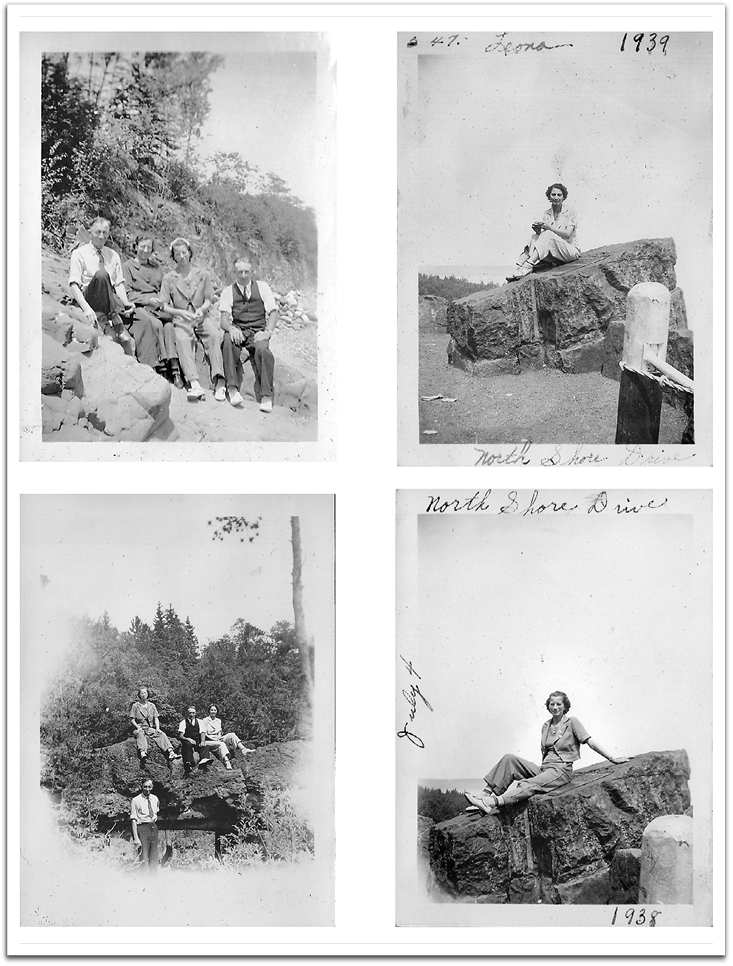 In 1939 (photo apparently mislabeled), the family took an excursion to the North Shore of Lake Superior.  Clockwise from upper left: George, Maggie, & Helen Reitter, Norris Brekke;  Leona Reitter; Helen Reitter; George (standing), Helen, Norris Brekke, Leona.