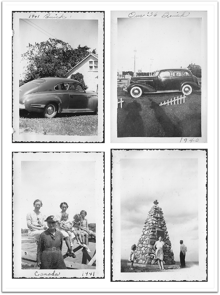 1940-’41, clockwise, from upper left: A 1941 Buick parked in front of Maggie & George’s house; Reitters’ 1936 Buick;  Leona Reitter at Rugby, North Dakota, monument;  Maggie Reitter & sister Lena Allen & children and ??? in foreground.