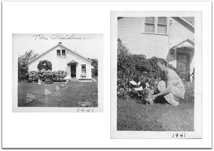 Summer, 1941: The Reitter residence and Maggie with Pegs out in her front yard.