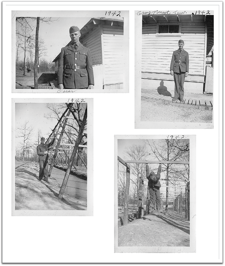 Oscar at Camp Forrest, Tennessee, showing off his new army uniform and a couple of moves for the folks back home.