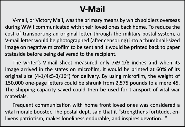 V-Mail V-mail, or Victory Mail, was the primary means by which soldiers overseas during WWII communicated with their ...