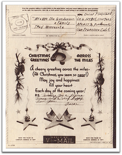 Christmas greeting sent by Oscar from Fiji to his sister Birdie on December 20, 1942.
