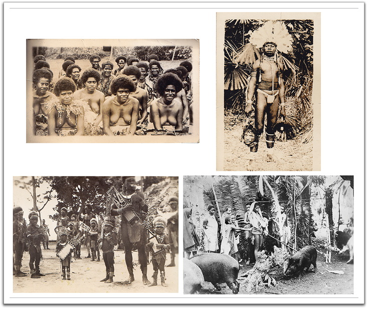 Some of the south sea islanders Oscar encountered, probably on Fiji. Note the severed head being carried in the upper right photo.