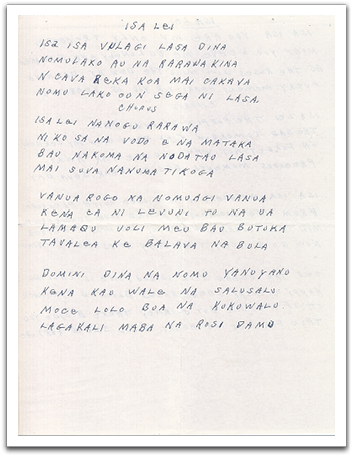 Oscar's handwritten copy of the lyrics to 'Isa Lei' in Fijian.