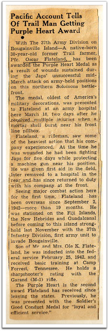 Article in local newspaper, probably  April, 1944, announcing that Oscar had  been awarded the Purple Heart decoration for being wounded in action in the South Pacific.