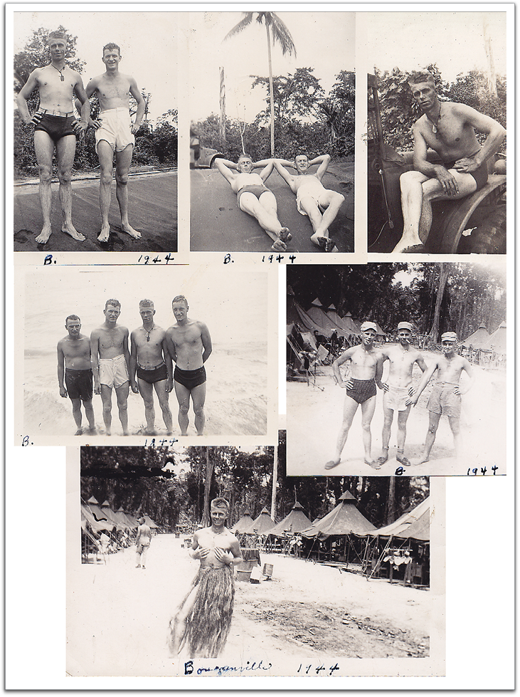 Oscar and his buddies enjoying some down time while not training, May-November, 1944, on Bougainville.