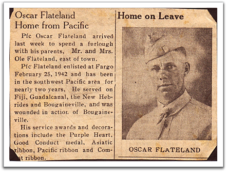 Article in the local newspaper in December, 1944, announcing that  Oscar had arrived home on leave the previous week, after having served  almost three years in the Army, more than two of them in the Pacific.