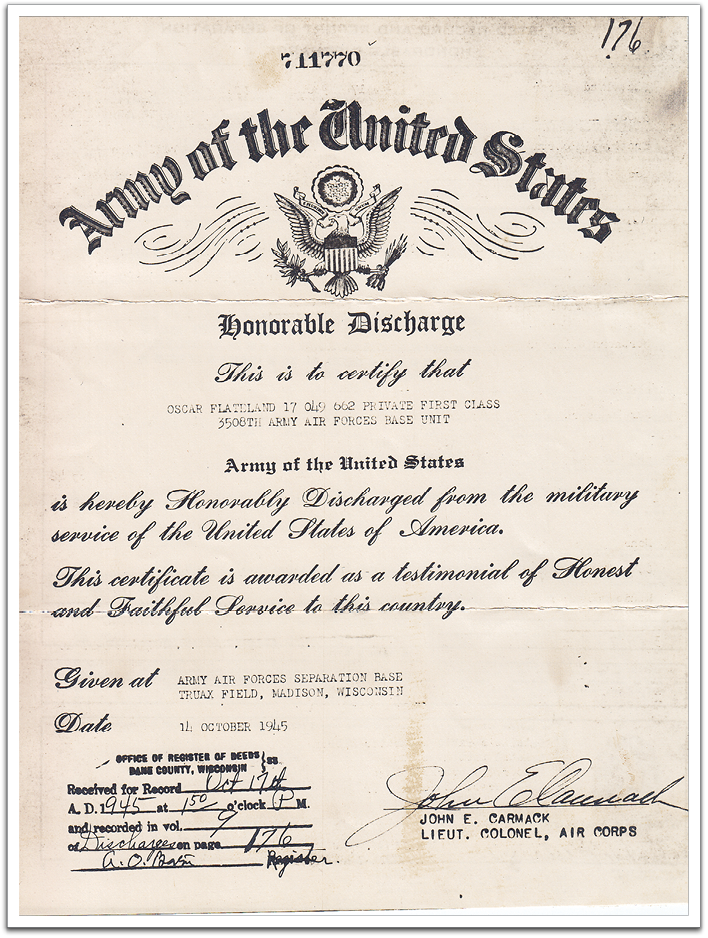 Oscar's Certificate of Honorable Discharge from the US Army, dated October 14, 1945.