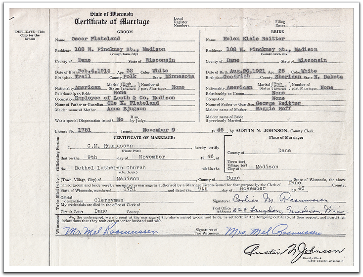Oscar & Helen's Certificate of Marriage, dated November 9, 1946.