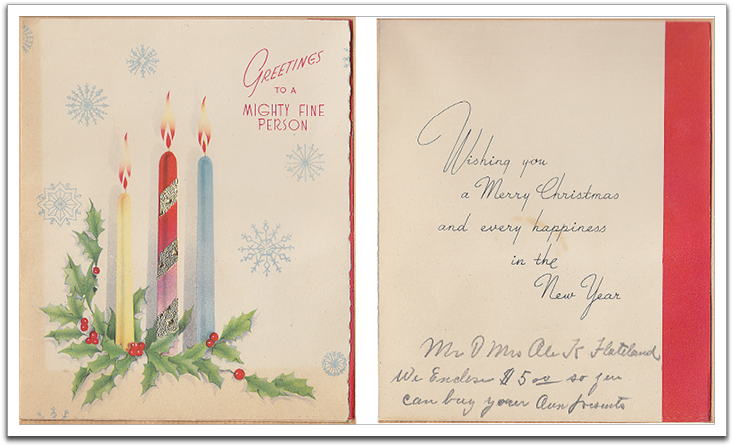 First Christmas card received as husband and wife in 1946 from Ole K and Anna Flateland.