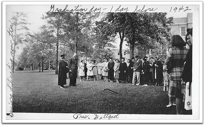 The Bemidji State Teachers College graduating class of 1942 dedicating a tree, June 3.
