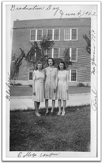 Helen Reitter in the middle with friends Gladys  and Pearl on graduation day, June 4, 1942.  Helen was quite near-sighted by this time, so  it is unusual to see her without her glasses.