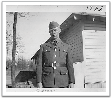 Private Oscar Flateland, US Army,  Camp Forrest, Tennessee, spring, 1942.