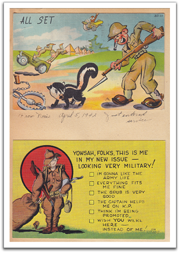Post cards sent by Norris Brekke from Camp Barkeley, Texas, to Leona Reitter, Apr 5, 1942.