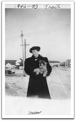 Maggie Reitter with Pegs in winter  of 1942-'43, looking east in Trail.