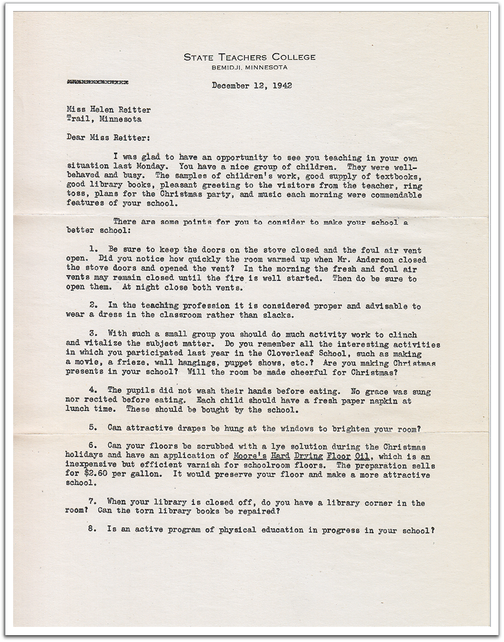Helen Reitter's first follow-up evaluation as a teacher, December 12, 1942.  (Click on figure to see a pdf of the entire letter.)
