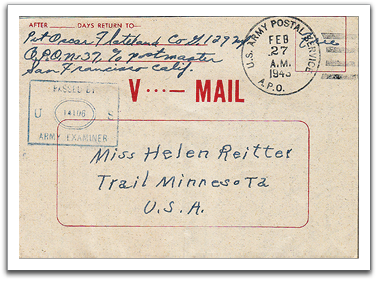 V-Mail envelope from Oscar, postmarked Feb 27, 1943.