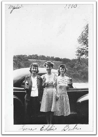 Leona, friend 'Eddie', Helen, Minneapolis,  summer, 1943. In labeling the photo,  Maggie still called Helen ‘Babe’.
