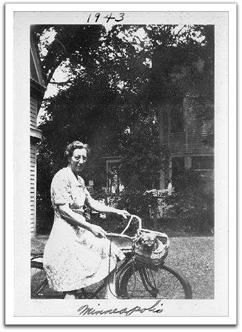 Maggie on her bicycle, Minneapolis, summer, 1943.