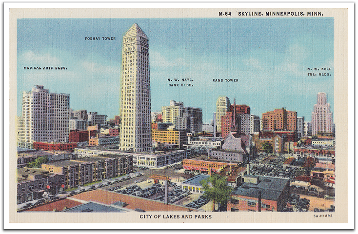 The Minneapolis skyline in the early 1940s on a picture postcard collected by Helen. The Foshay tower, built in 1929, was Minnesota's first skyscraper. It had 32 floors and remained the city's tallest building until the early 1970s.