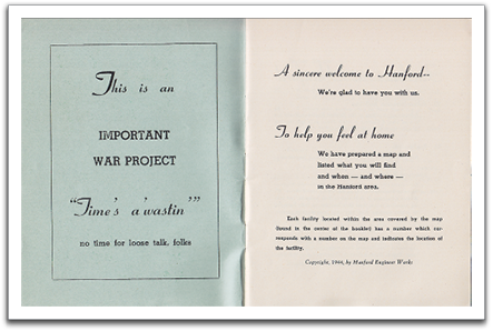 Inside front cover of orientation book at Hanford Engineer Works.