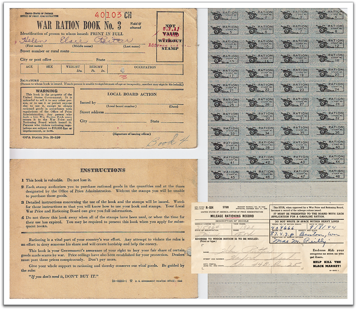 One of Helen's war ration books and the mileage rationing record for the Reitters' 1928 Model A Ford.