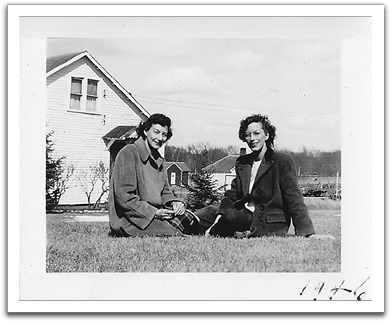 Leona & Helen in early spring, 1946, in front of their house in Trail.