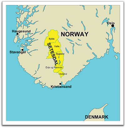 Setesdal is a valley and a traditional district in southern Norway, consisting of the five municipalities shown.