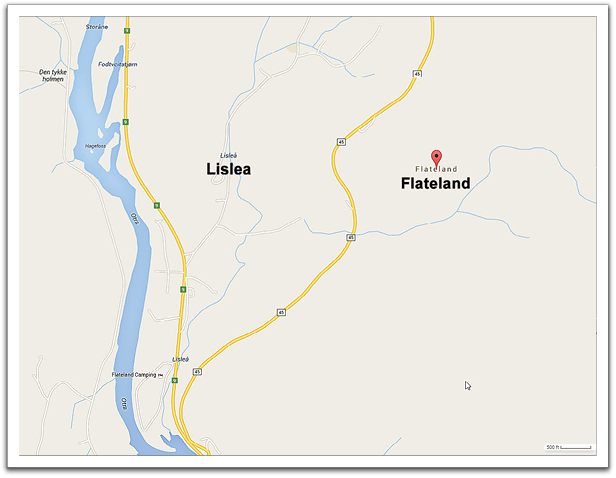 Google map showing the 'Flateland' area just east of Lislea where  the Valle Kommune history describes the location of Vodden farm.