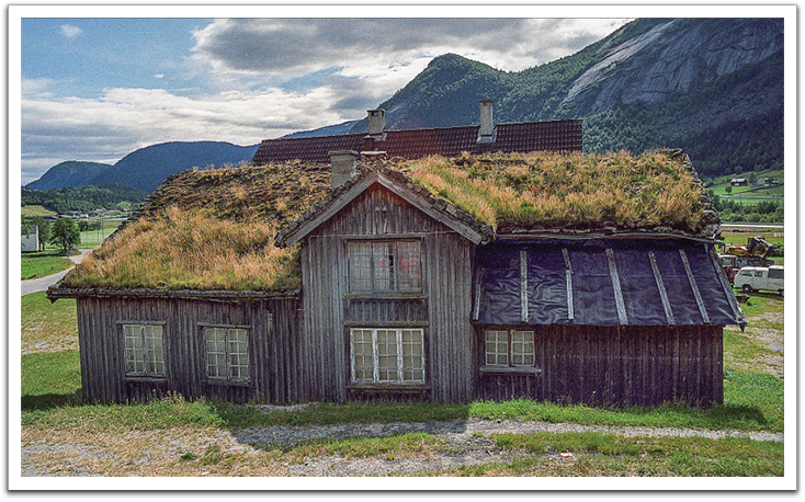 House moved from Vodden farm to an open-air museum in Bykle. The house has a turf roof which is typical  of houses in the region from ancient times. Photo by Byron Flateland, 1990.
