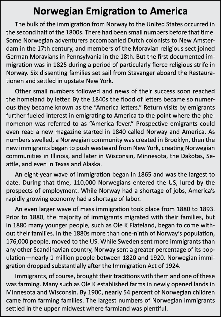 Norwegian Emigration to America The bulk of the immigration from Norway to the United States occurred in the second h...