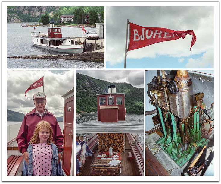 The SS Bjoren on Byglandsfjord in 1996. Bottom, L-R: Oscar & Crystal Flateland, wheelhouse & wood, Bjoren's steam engine. The little vessel is the only wood-fueled steamboat in the world that is still in service.