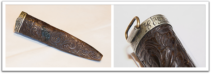 Knife sheath from 1885, believed to have belonged to Ole K Flateland when he emigrated from Norway in 1887.