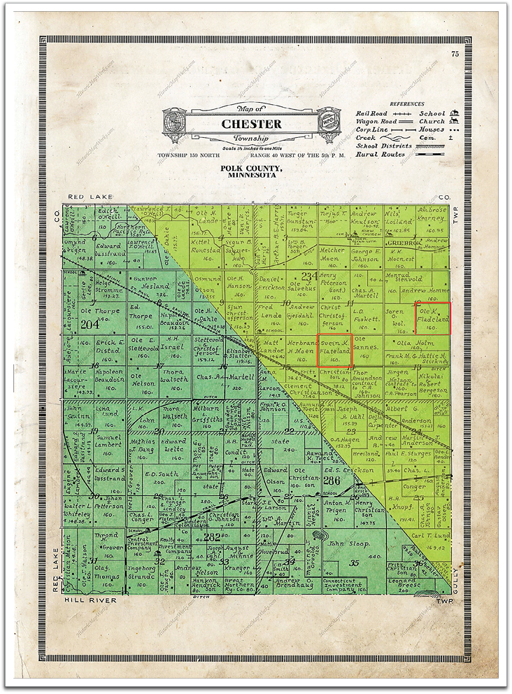 Map of Chester Township, Polk County, Minnesota, in 1915, with Ole K Flateland's and brother Svein’s 160 acre tracts each outlined in red. The portion of the township that was part of the Red Lake Indian Reservation before 1889 is highlighted in yellow. Many of the family names shown here remained familiar through the 1960s when people began moving away as farms consolidated.