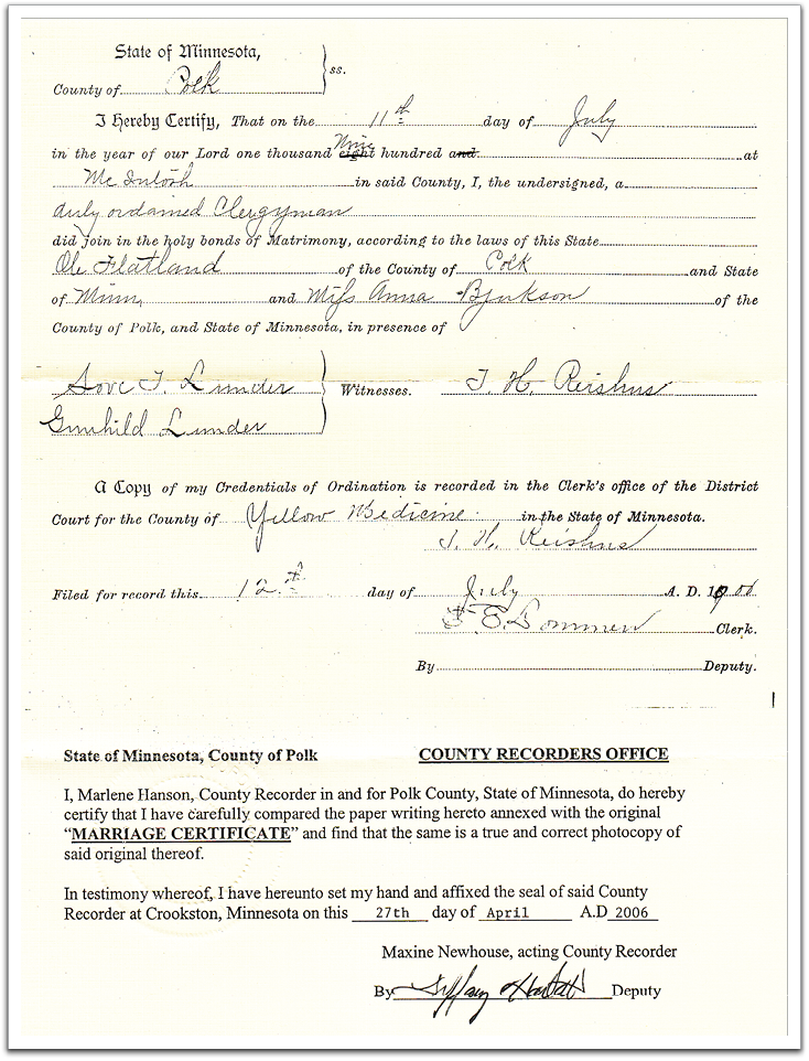 Certificate of marriage of Ole K Flateland and Anna Bjukson (Bjuggson), July 11, 1900, McIntosh, Minnesota, with Rev. T.K. Reishus officiating.