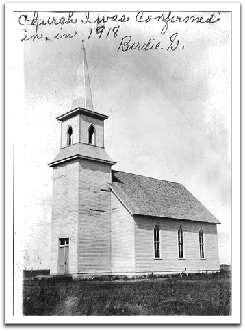 West Valle Church, 1918. Notation by Birdie (Flateland) Gunderson, Ole & Anna's oldest daughter.